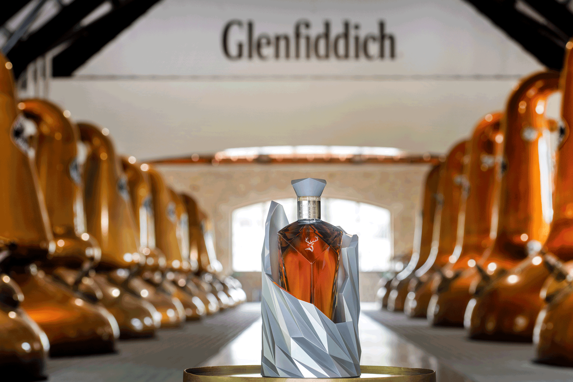 Bottle of Glenfiddich whisky in the Glenfiddich distillery.