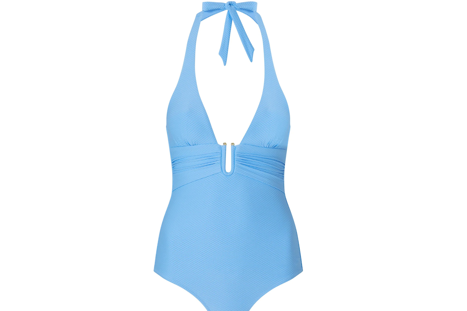 Pale blue halter neck swimsuit.