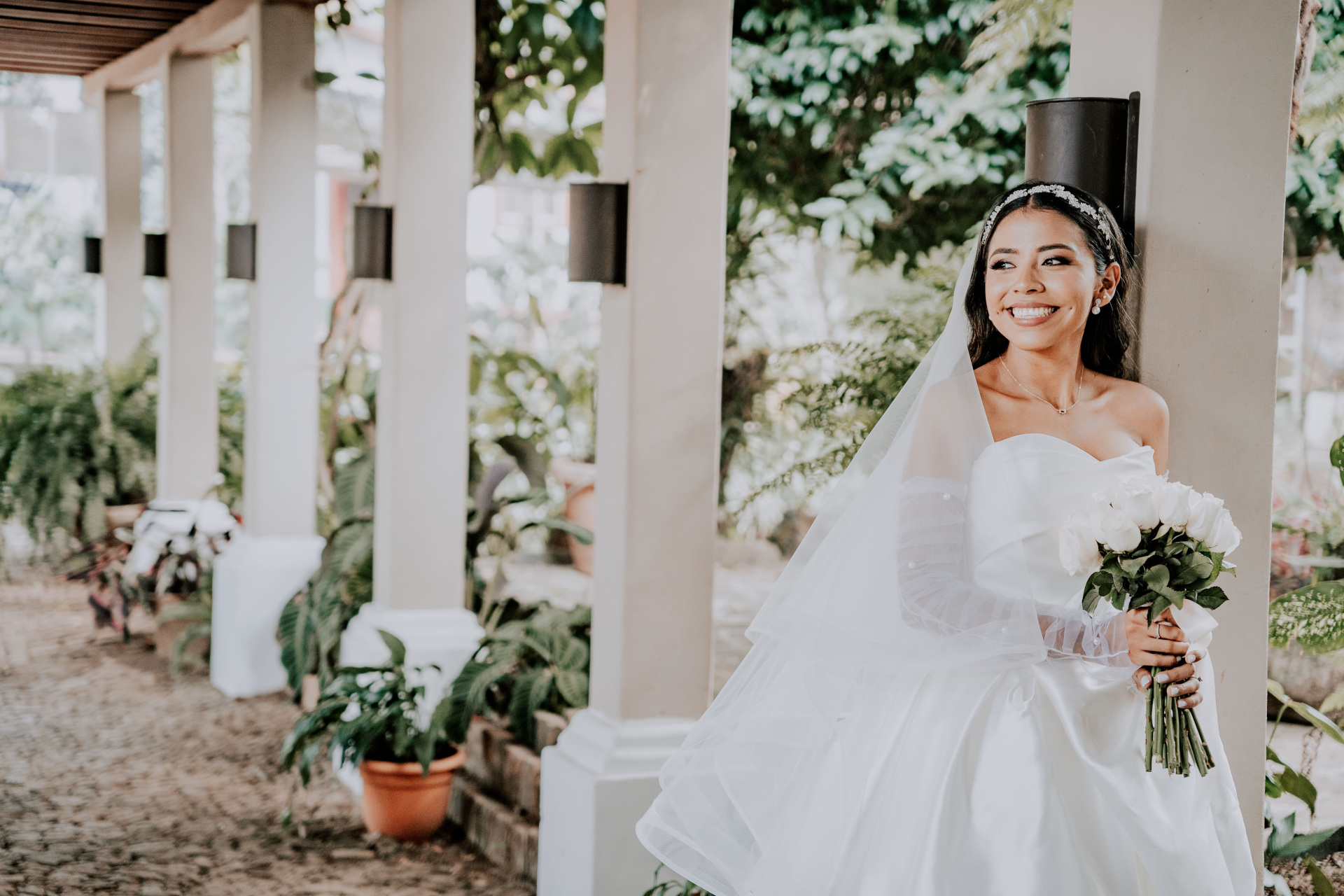 Bride walking through decorated path