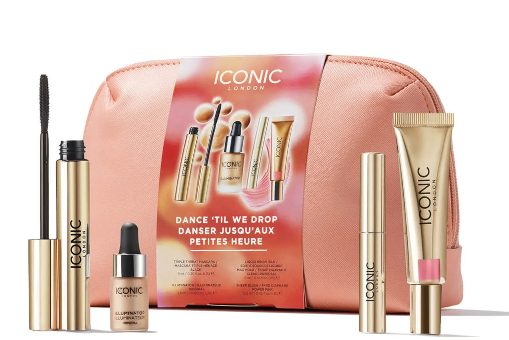 Pink makeup bag with products