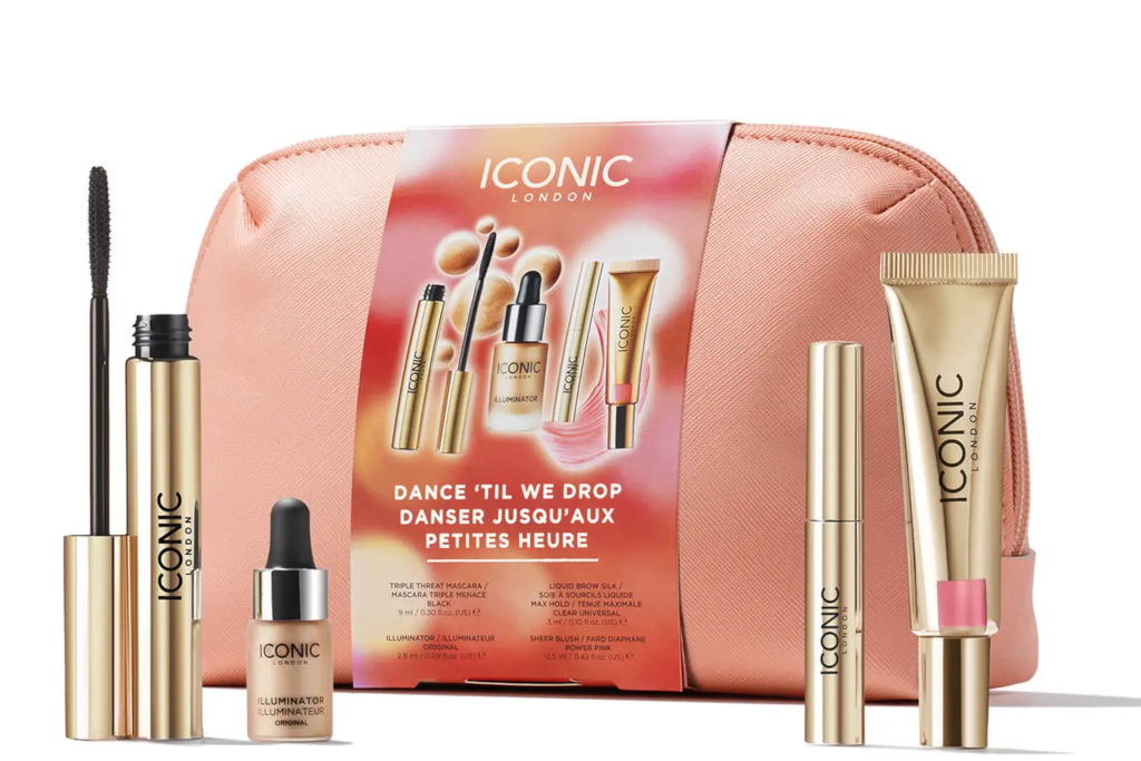 Pink makeup bag with products