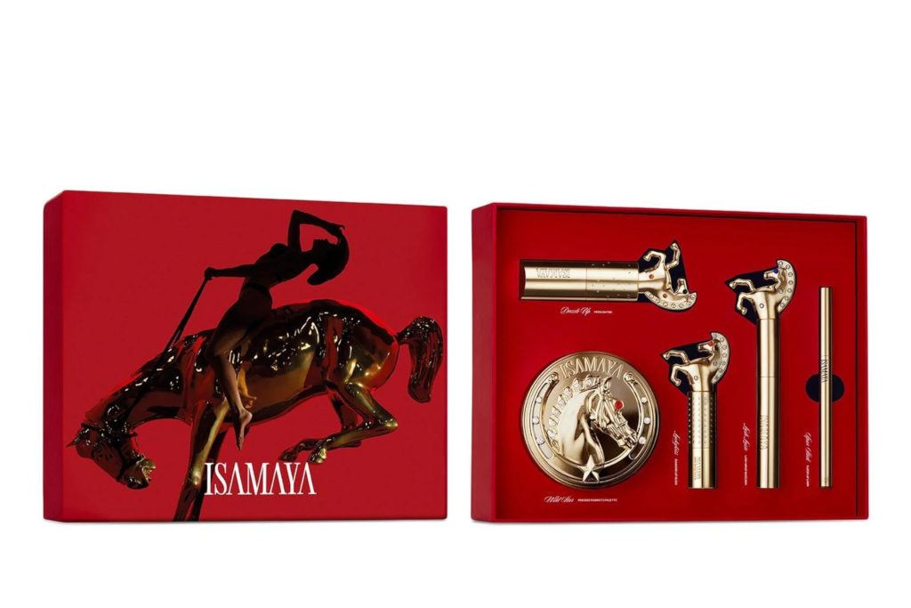 Red box with makeup products inside