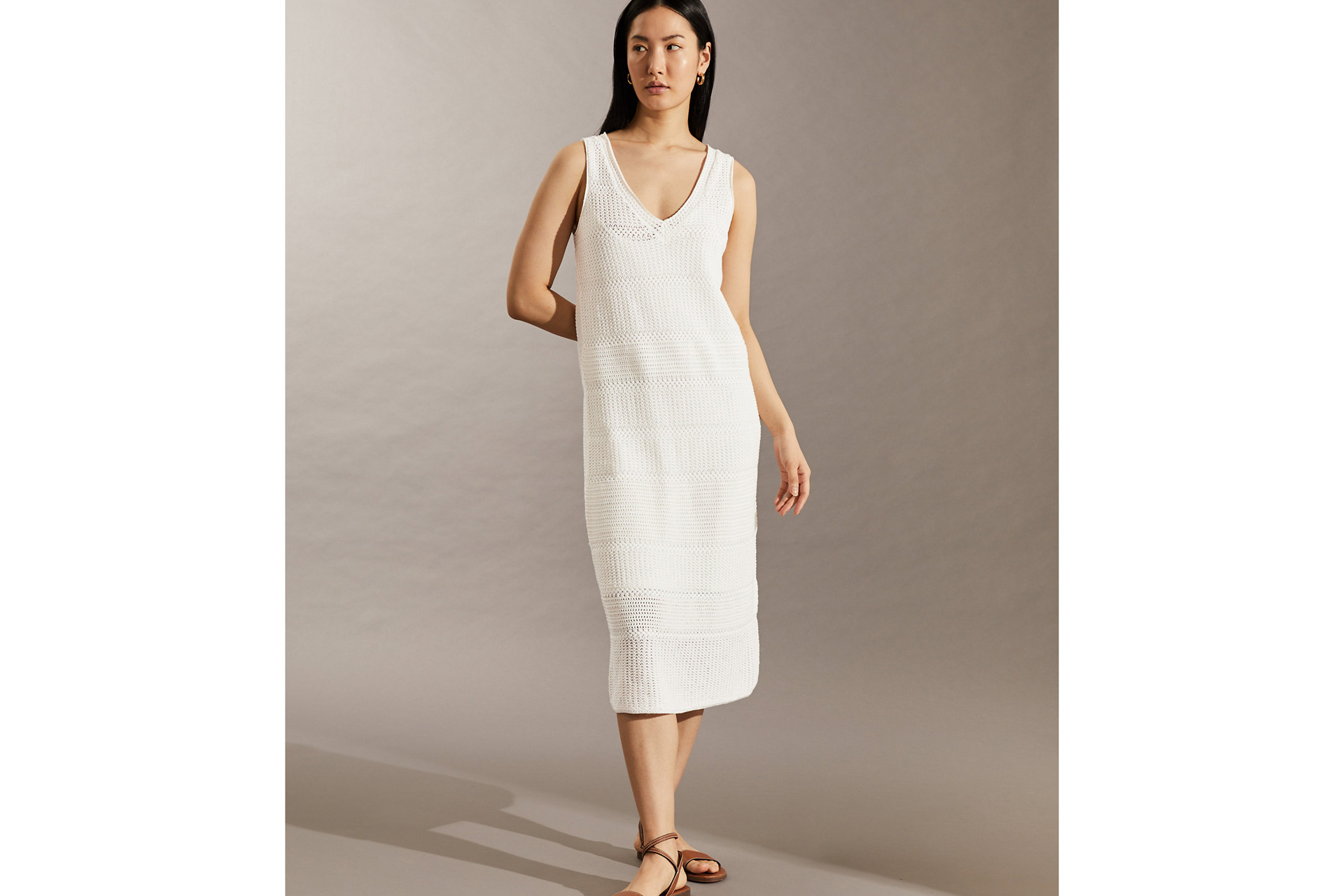 Cotton Knitted V-Neck Midi Shift Dress