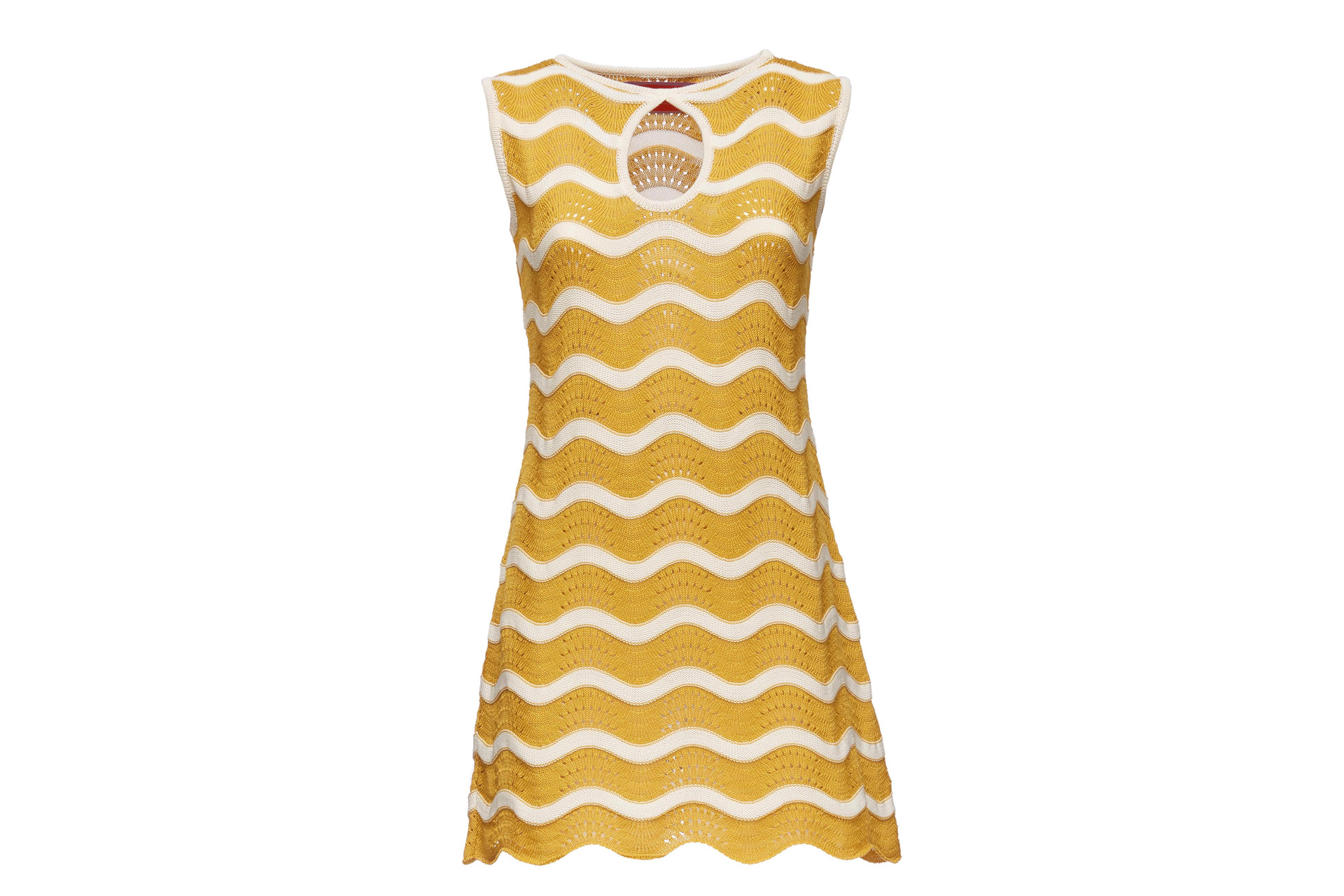 Yellow sundress with white zigzag pattern.