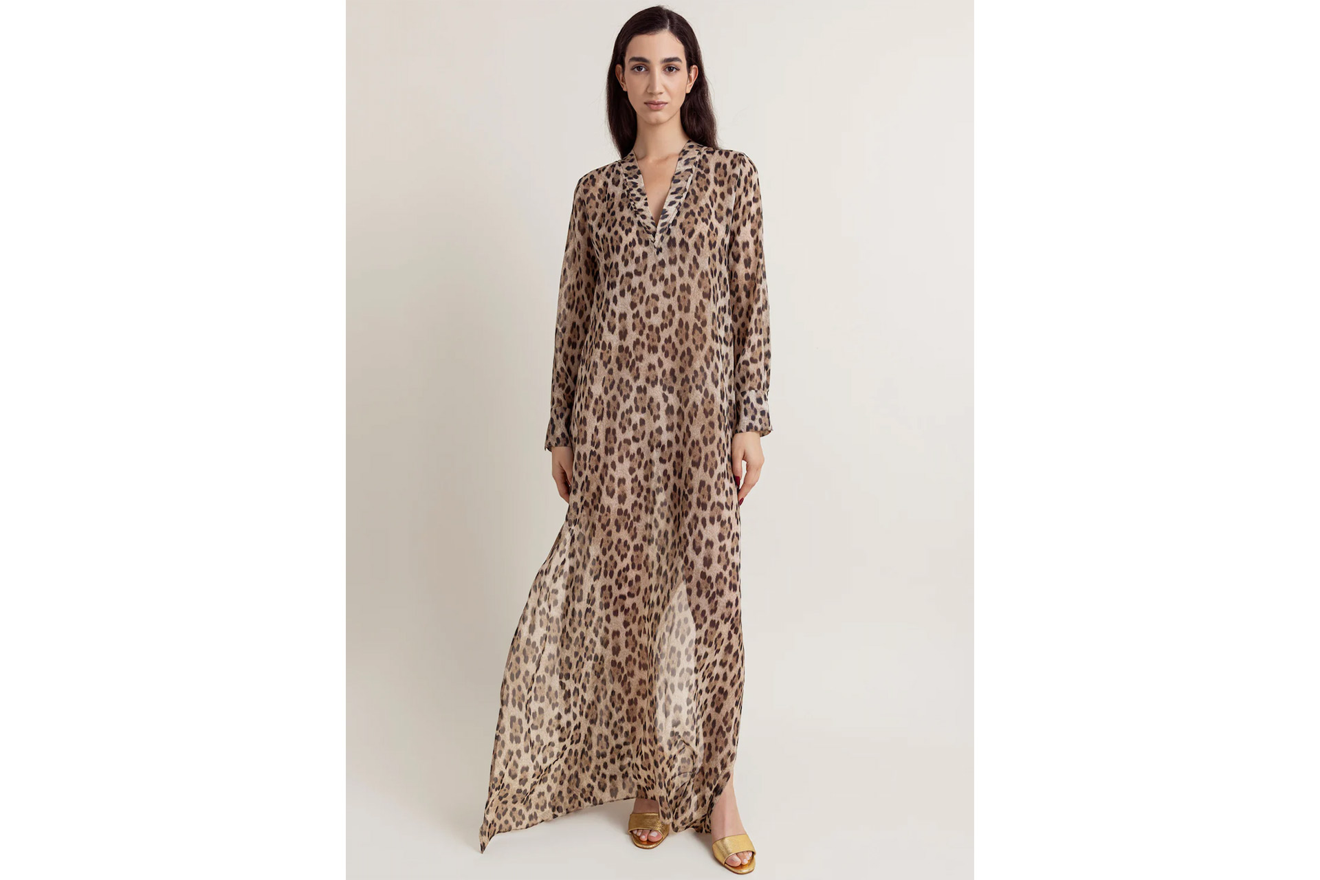 Leopard print silk gown.