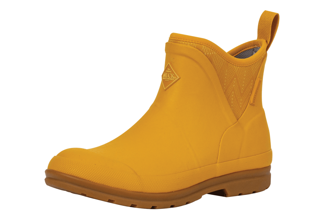 Yellow rubber boots with a pull-on tab at the back.