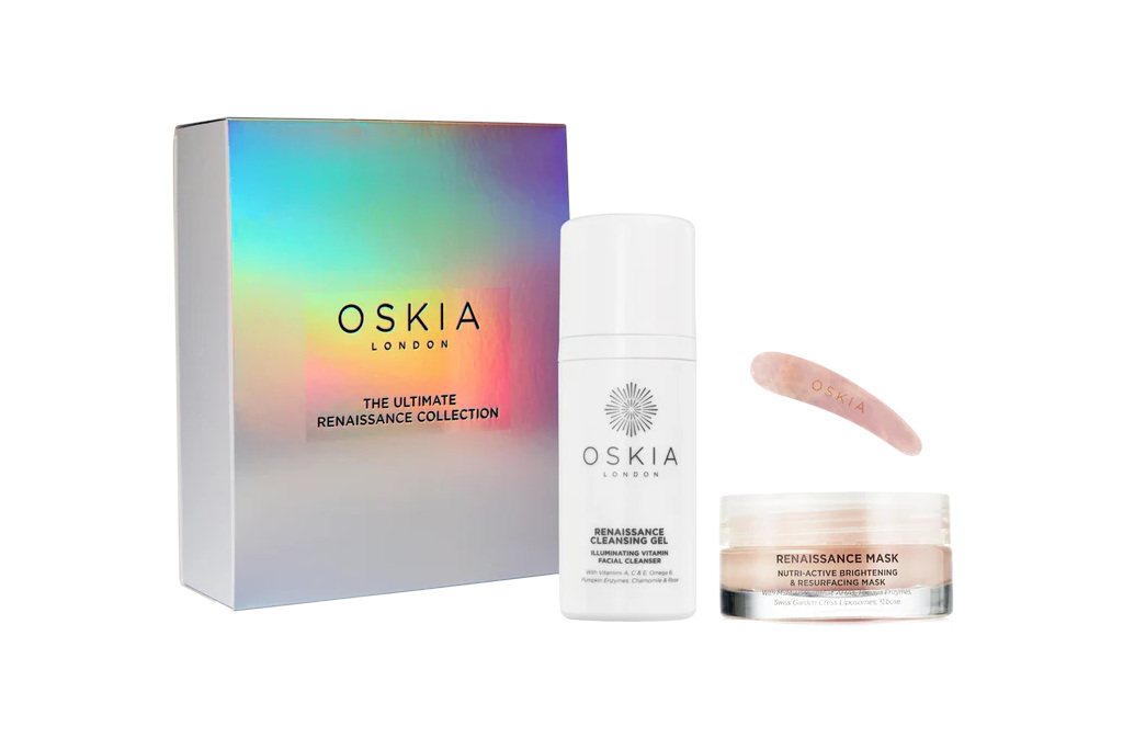 Rainbow-coloured box with skincare products