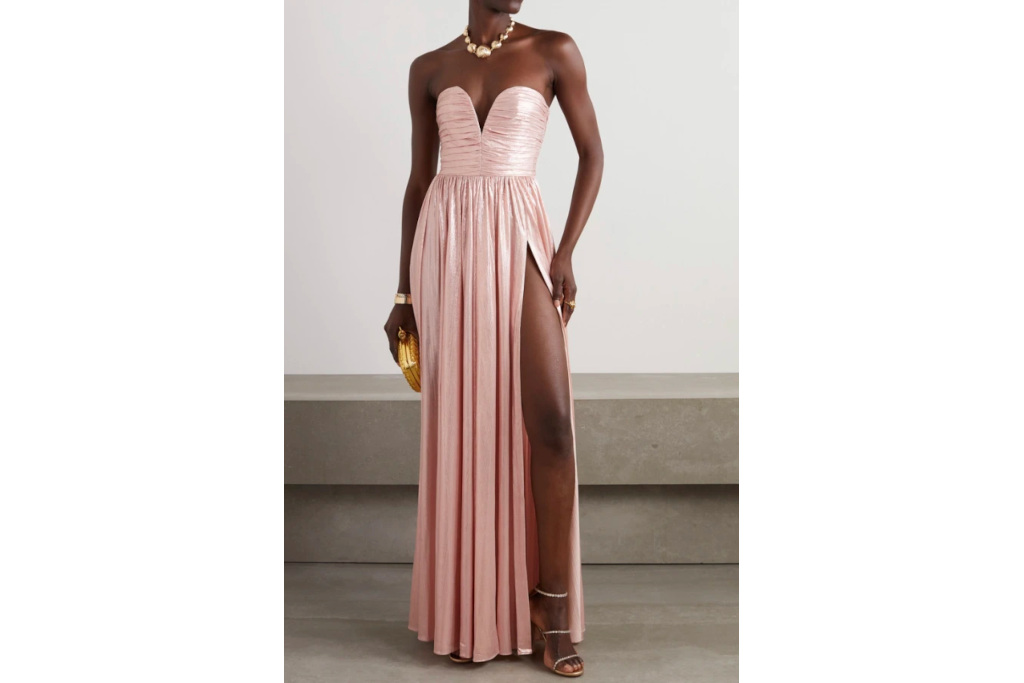 Woman in metallic pink dress