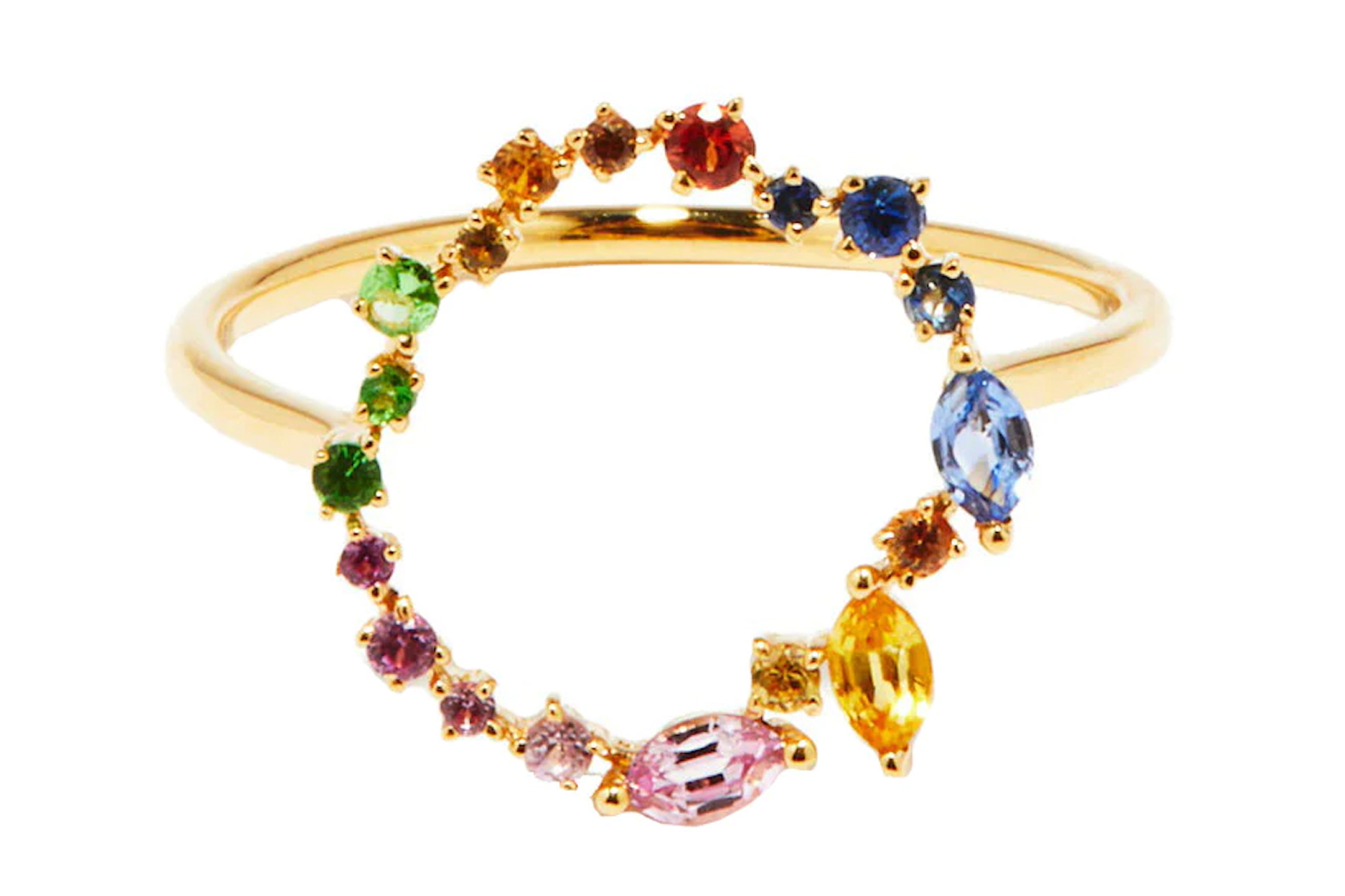 Gold ring with multicoloured sapphires in a circle