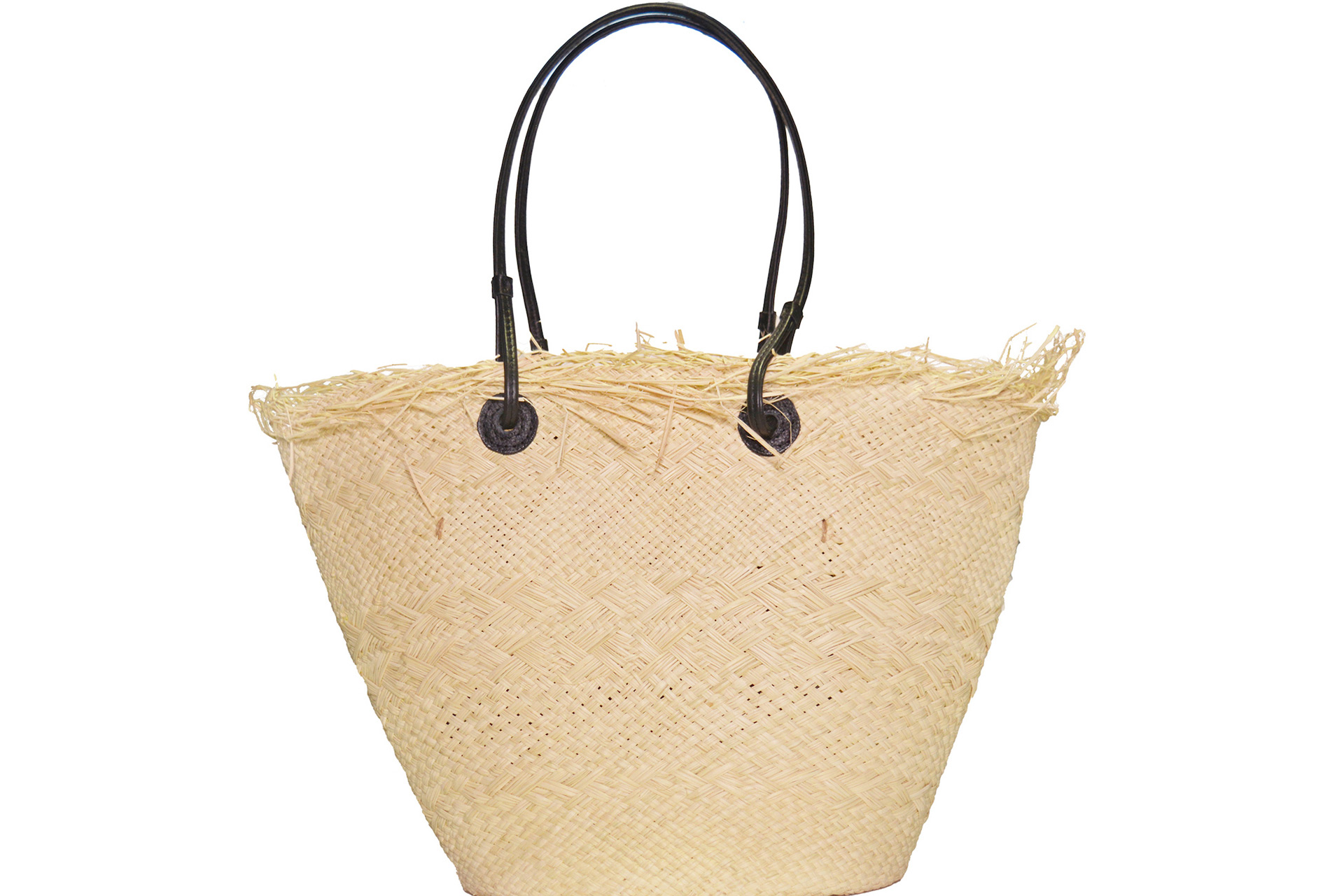 Distressed raffia beach bag.