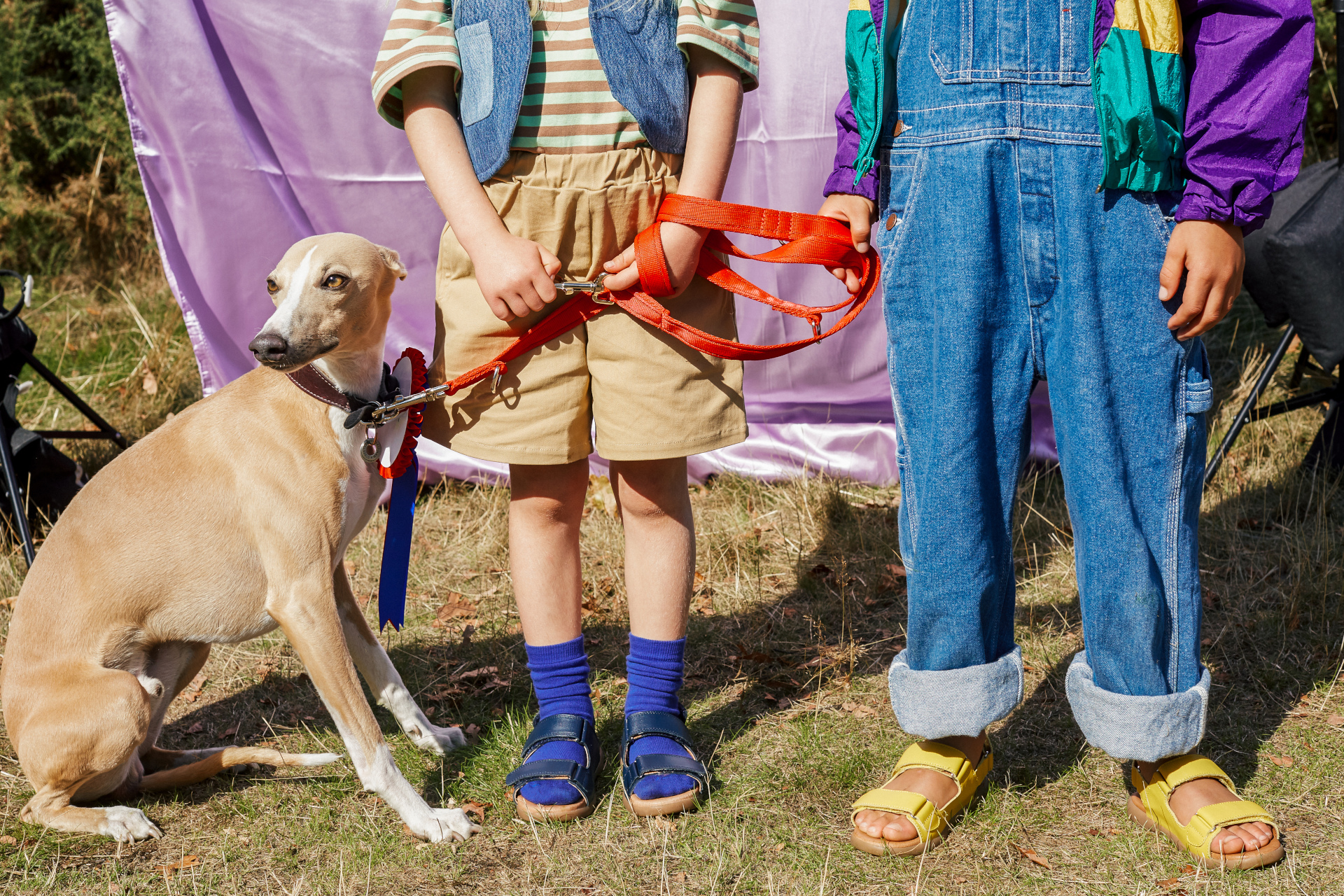 Close up kids stood next to dog