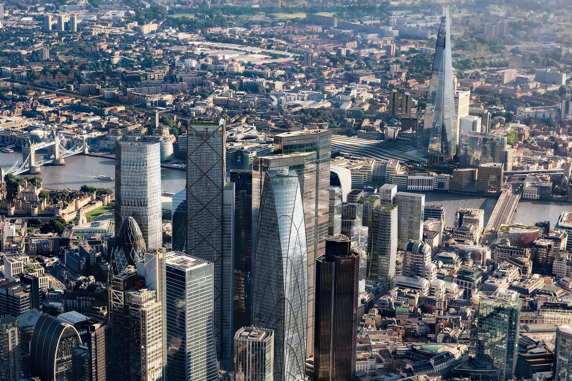 Aerial view of the Gherkin and other London skyscrapers