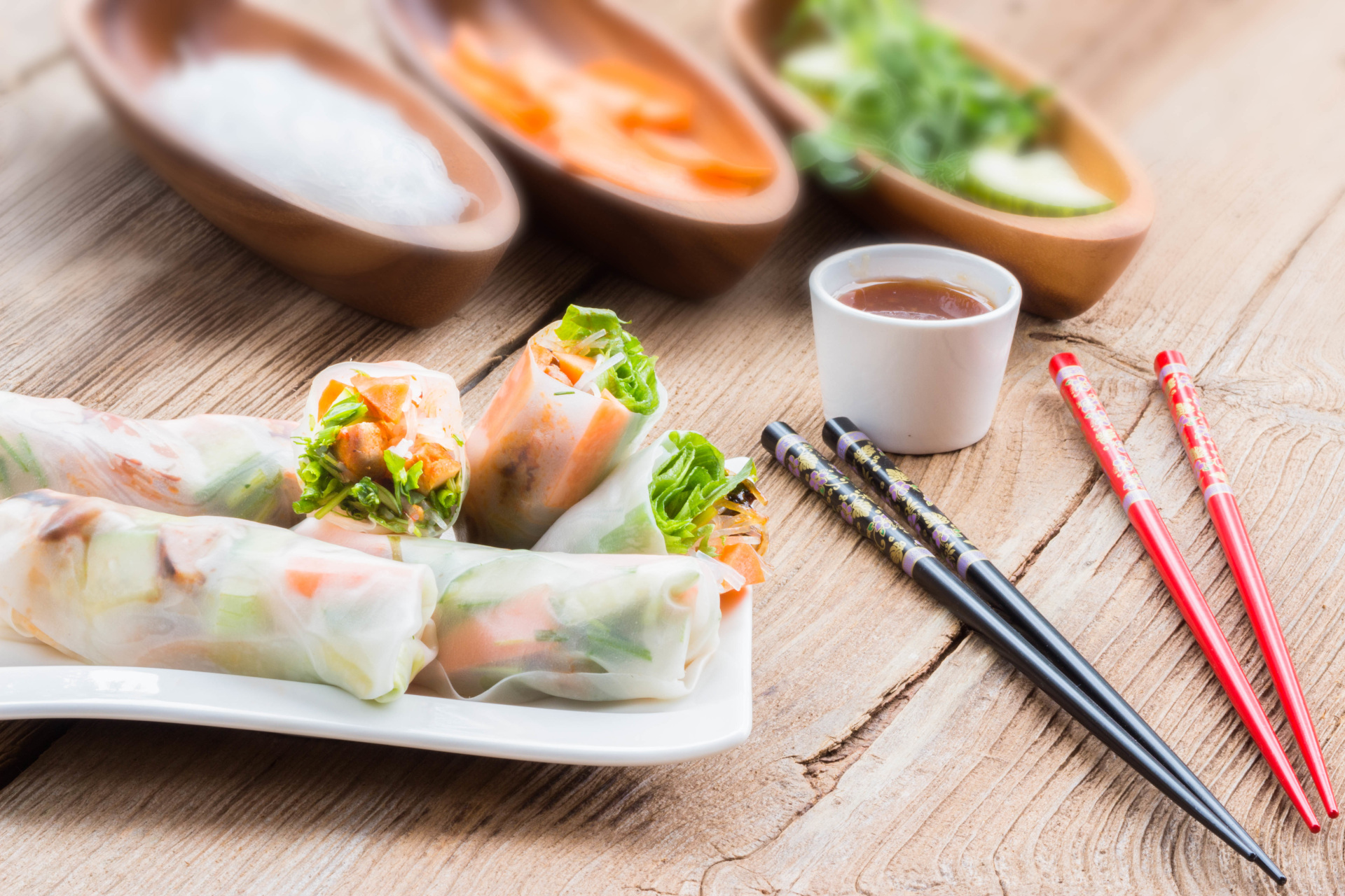 TikTok summer recipes - Asian spring rollls on wooden table