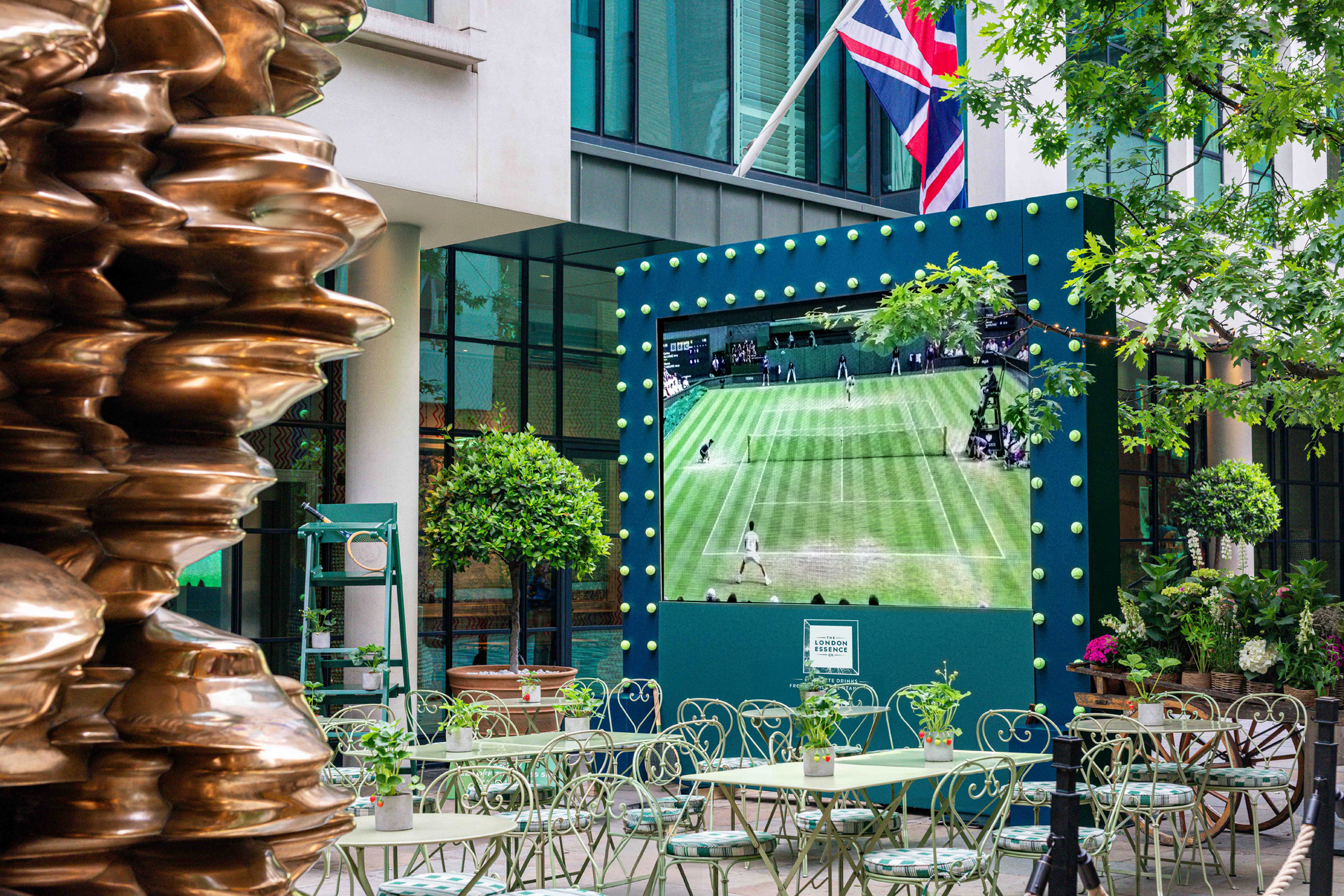The large Wimbledon screen at Ham Yard Hotel