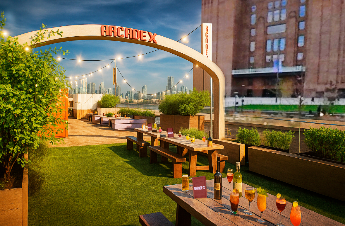 The ArcadeX pop-up, with the London skyline in the background