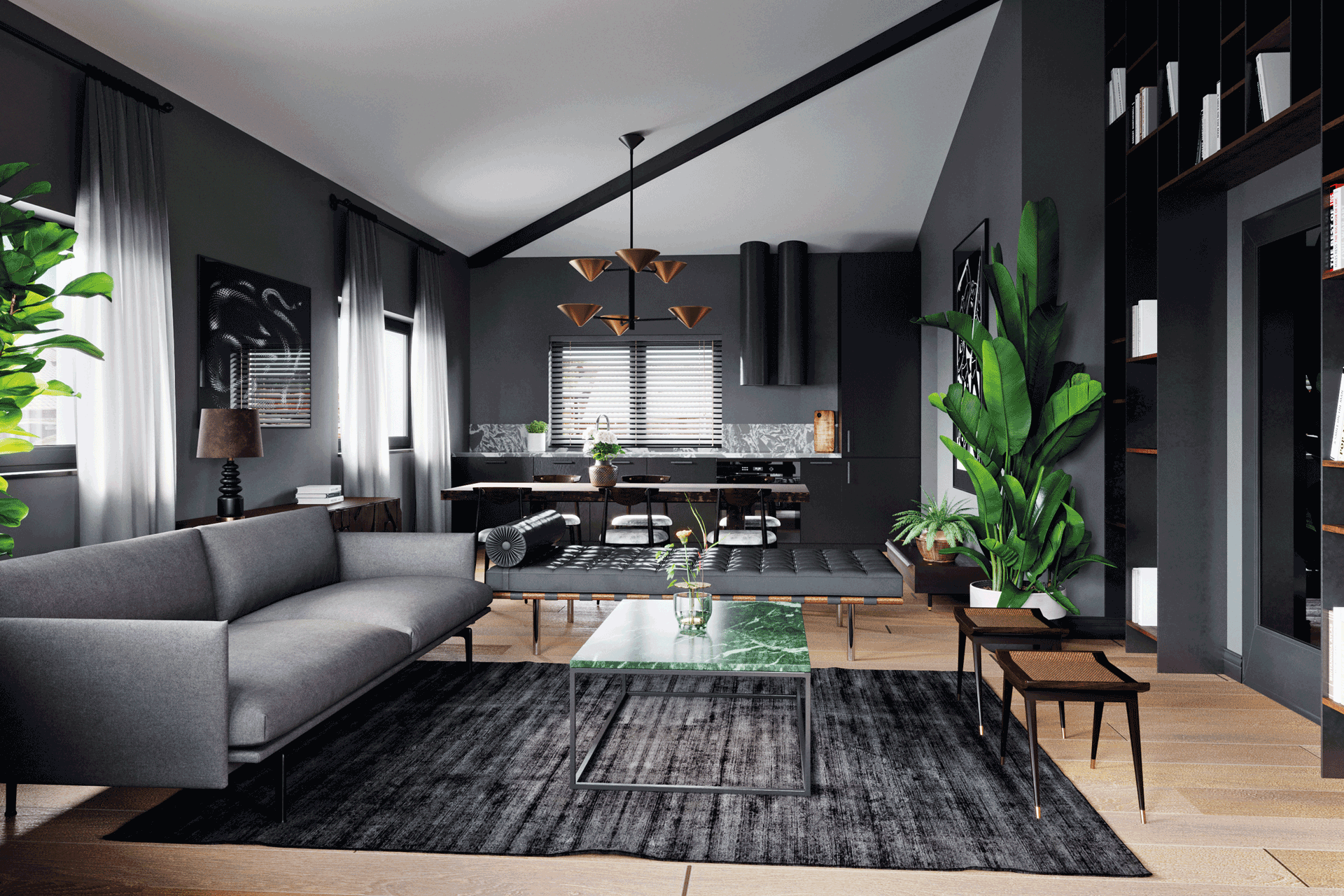 Modern apartment with black walls, black patterned rug and dark grey sofa