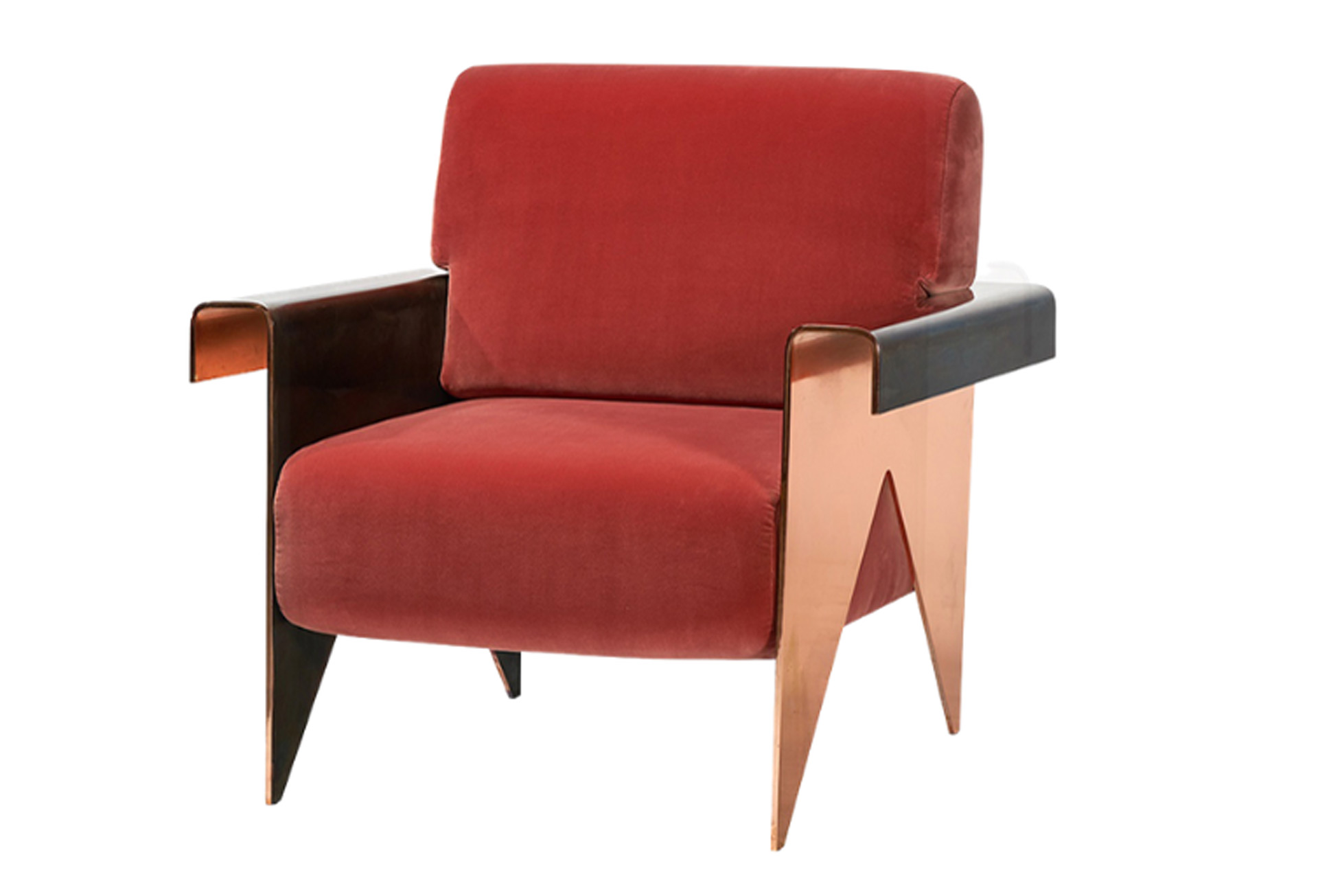 Red rectangular armchair with oxidised copper arms