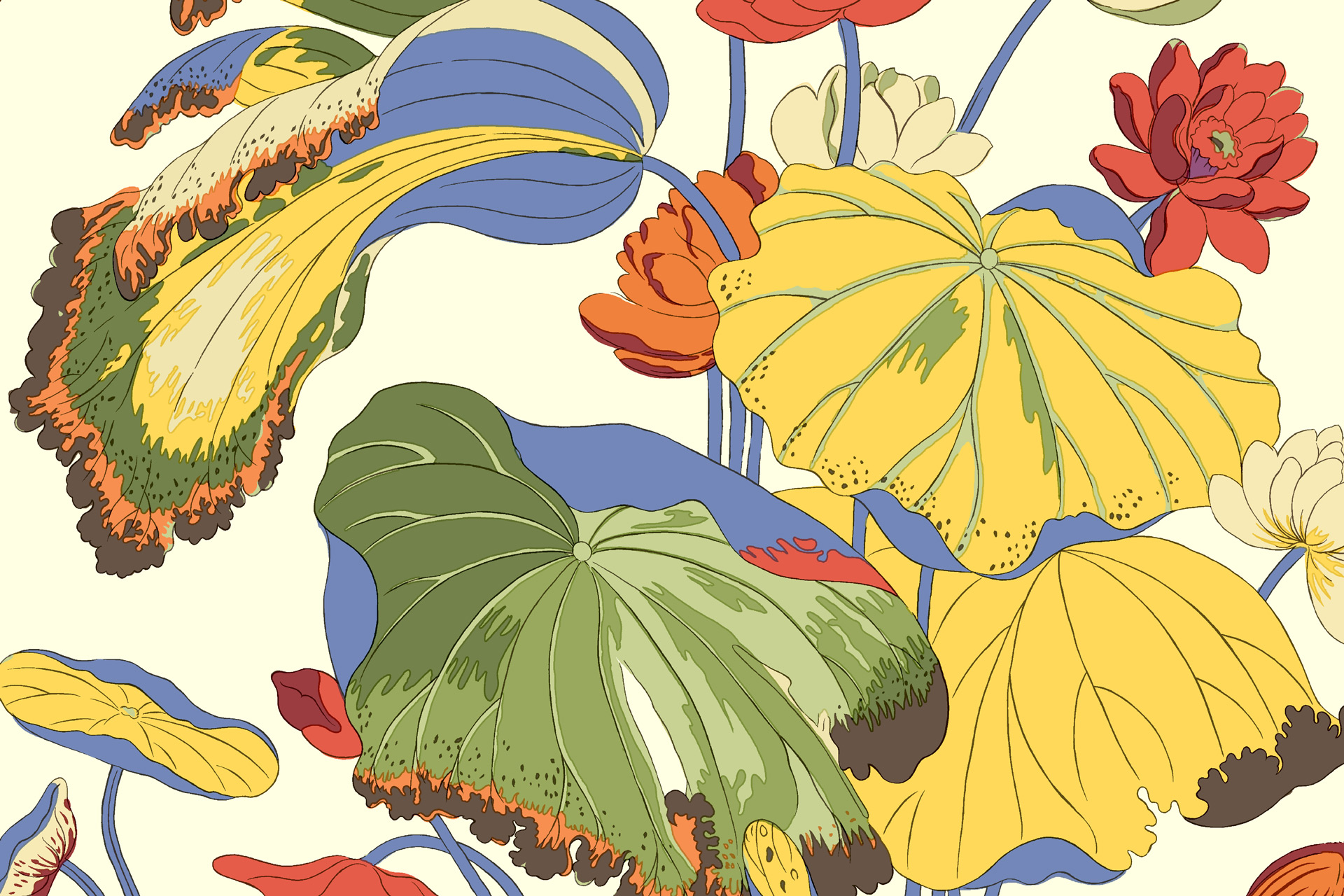 Botanical wallpaper featuring yellow and green leaves with blue stems and red flowers.