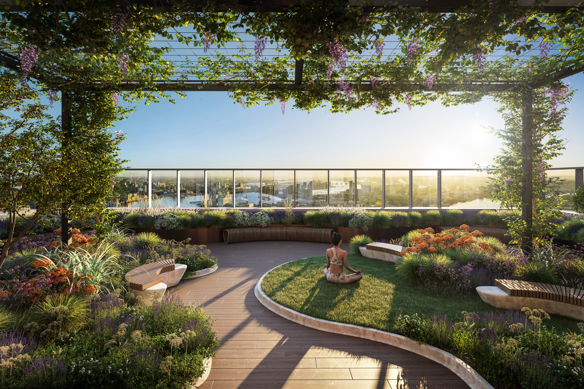 Sky terrace with a leafy canopy and grassy areas.