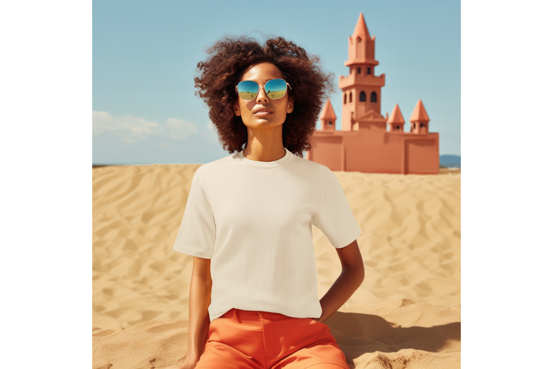 Woman in white t-shirt stood in front of sand castle