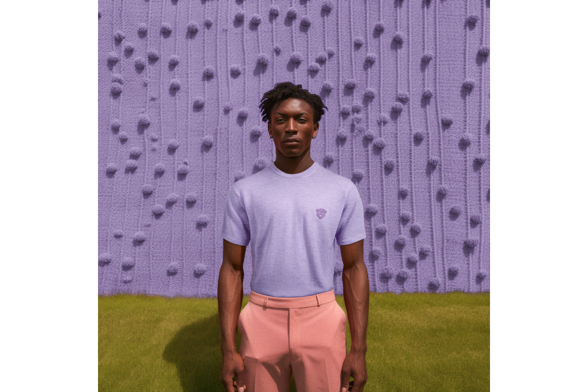 Man in purple t-shirt in front of purple background