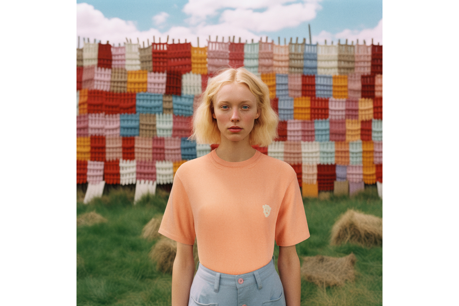 Woman in pink t-shirt stood in front of multi-coloured background