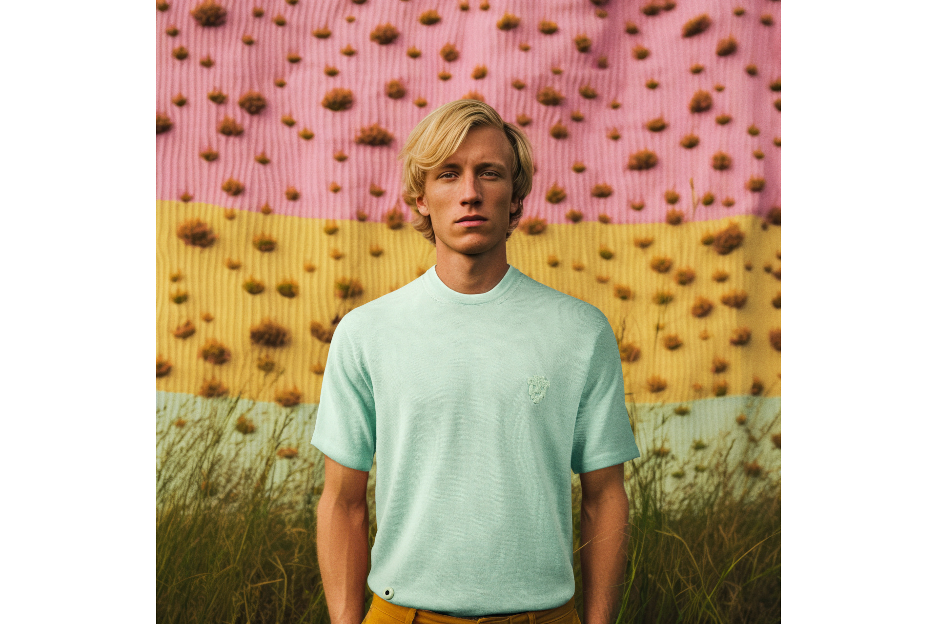 Man in green t-shirt stood in front of multi-coloured background