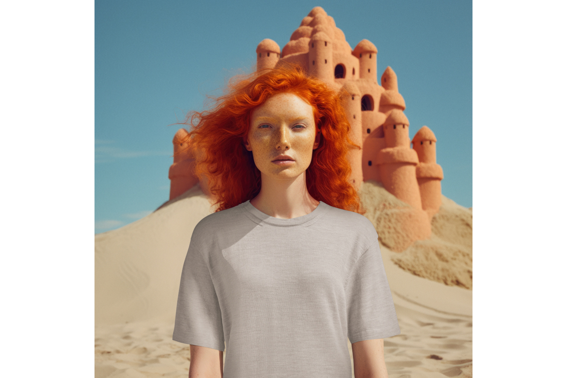 Woman in white t-shirt stood in front of sand castle