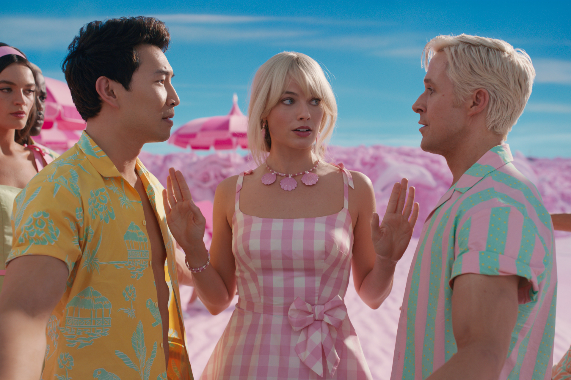 Simu Liu, Margot Robbie and Ryan Gosling in Barbie