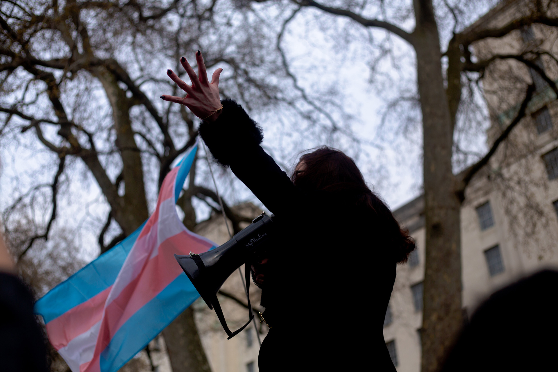 Woman holding a flag at a Trans Pride protest in London