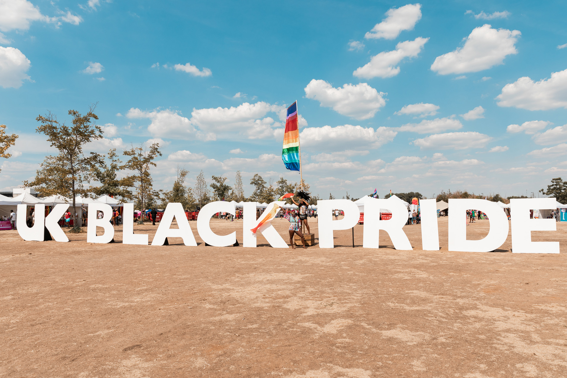 Tall white letters spelling out UK Black Pride