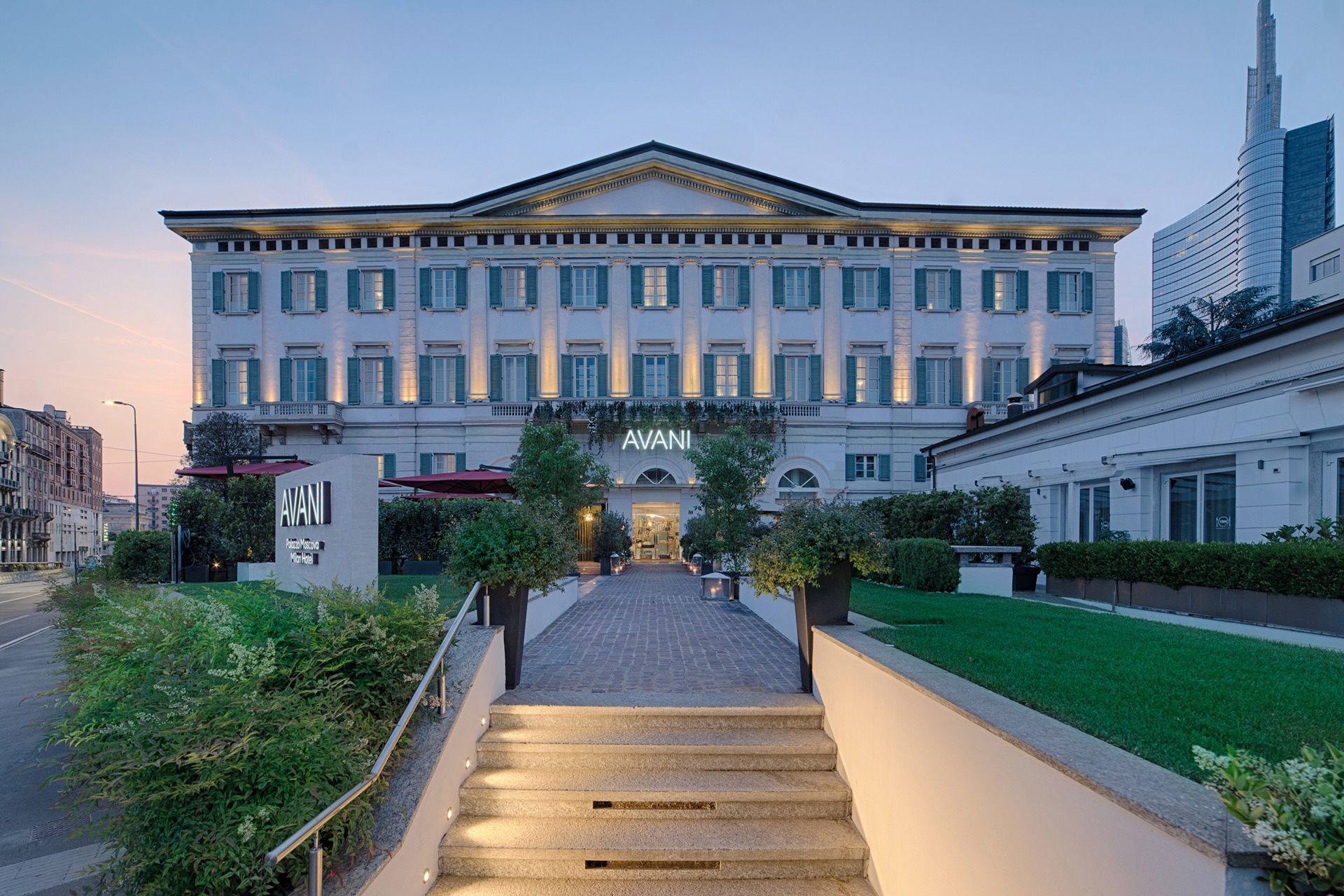 Exterior of the Avani Palazzo Moscova Hotel in Milan