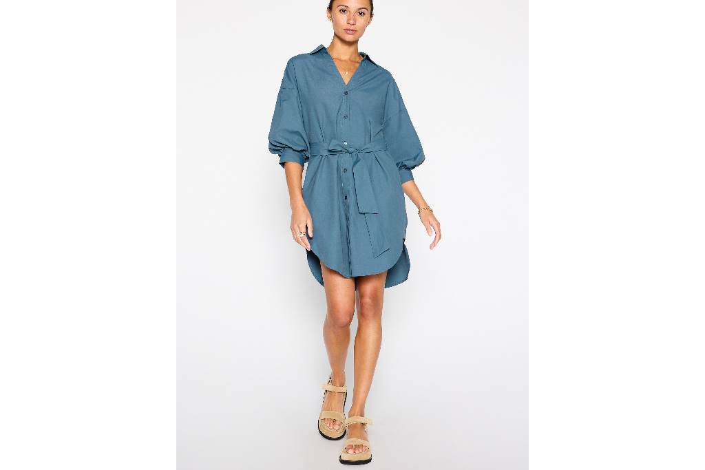 Woman in blue shirt dress