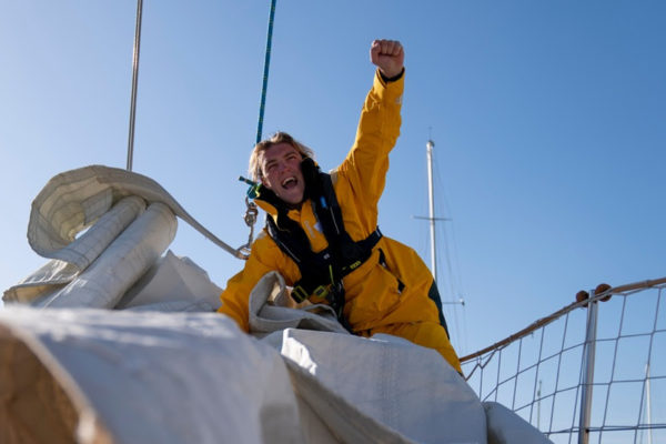 Angus Whitehead celebrating on his boat