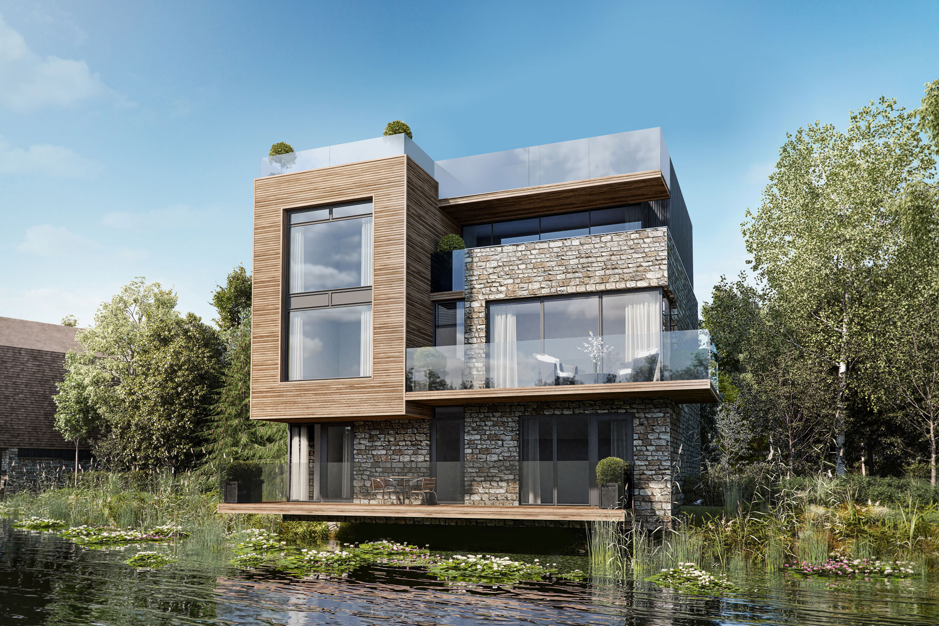 Contemporary Cotswolds villa with glass balconies.