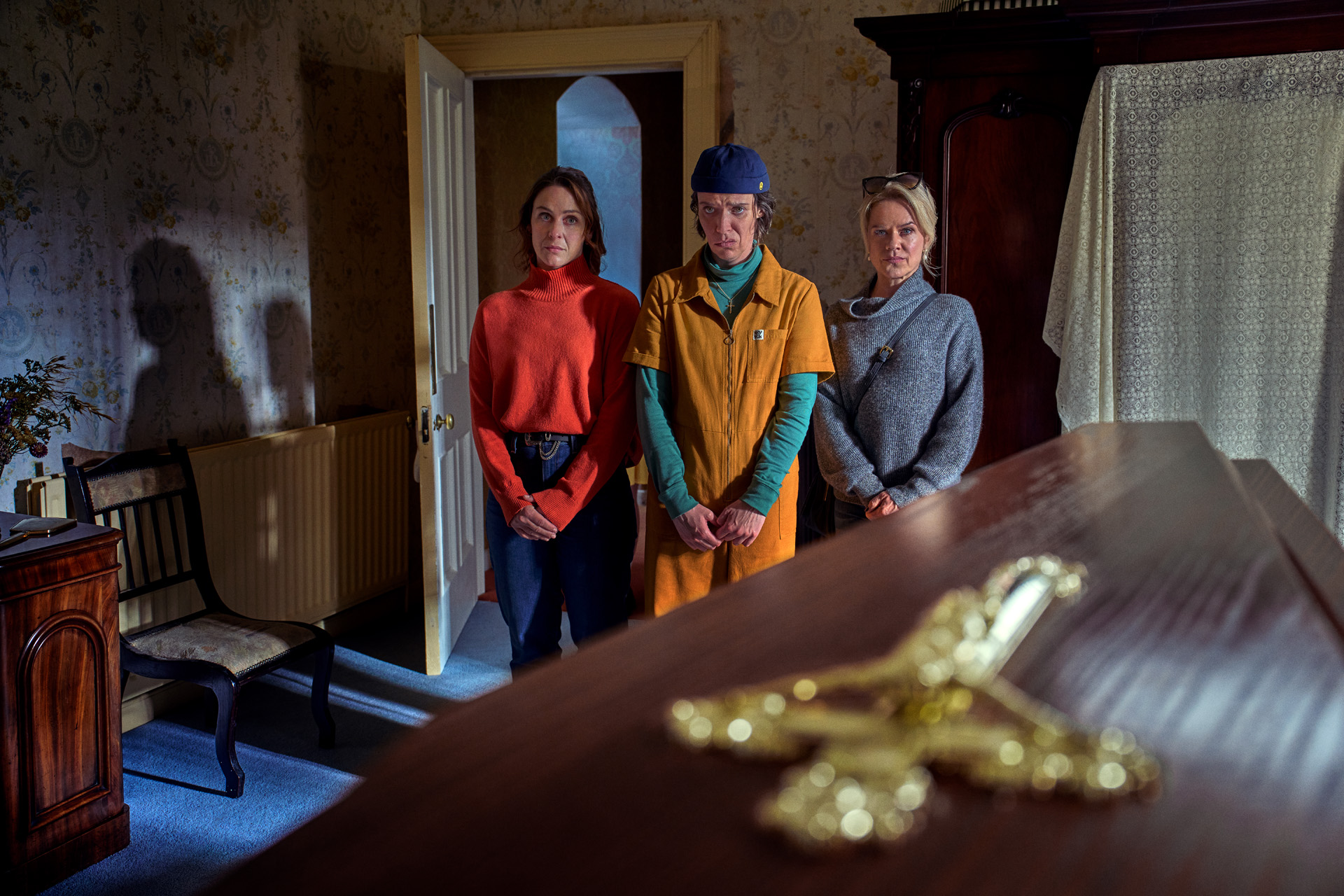 Roisin Gallagher as Saoirse Shaw, Caoilfhionn Dunne as Dara Friel & Sinead Keenan as Robyn Winters in How To Get To Heaven From Belfast.