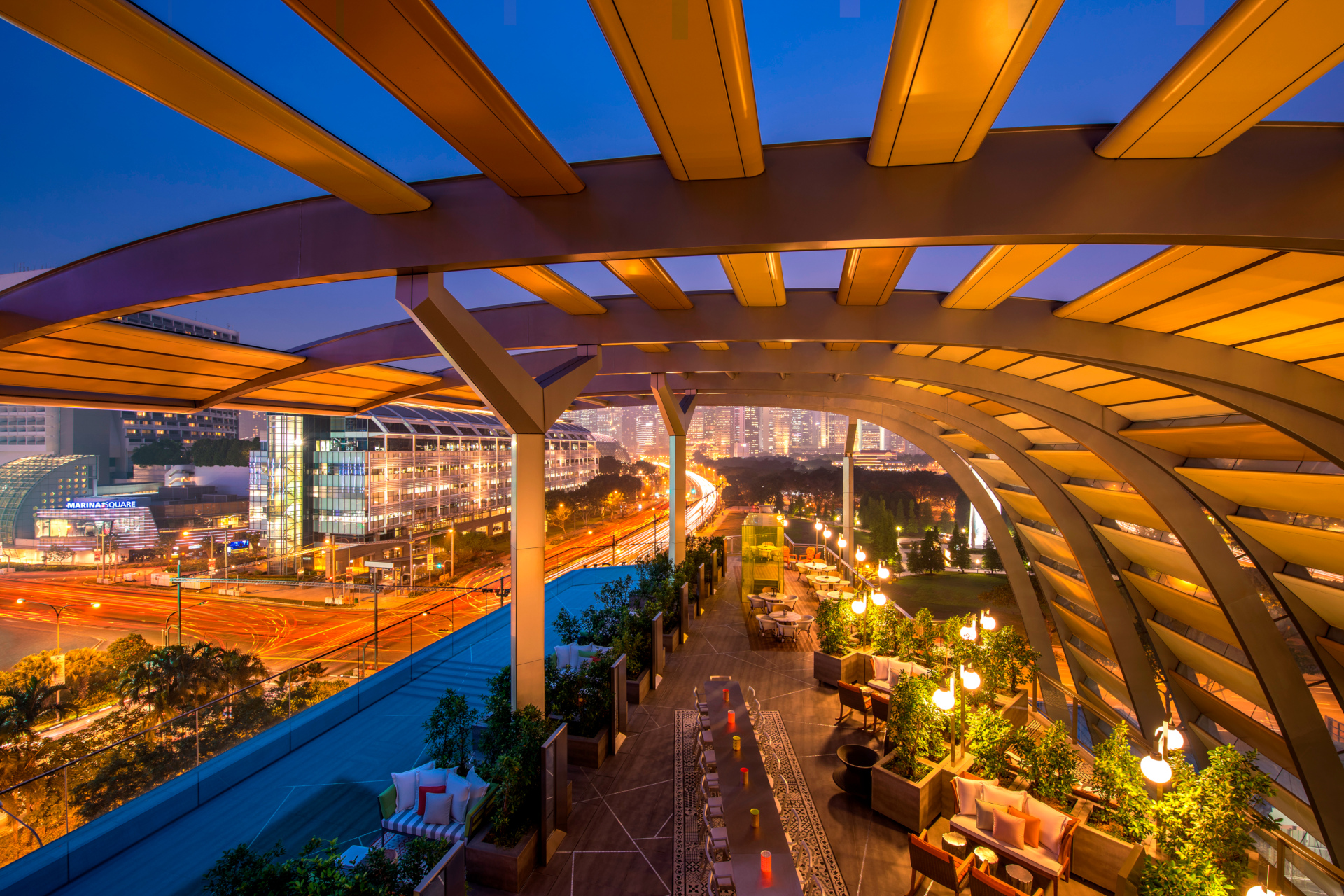 Gold-lit terrace at night