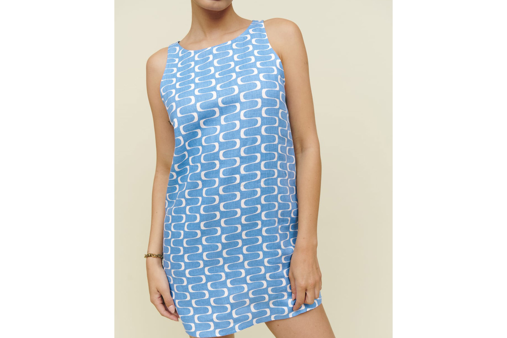 Blue shift dress with white swirl pattern