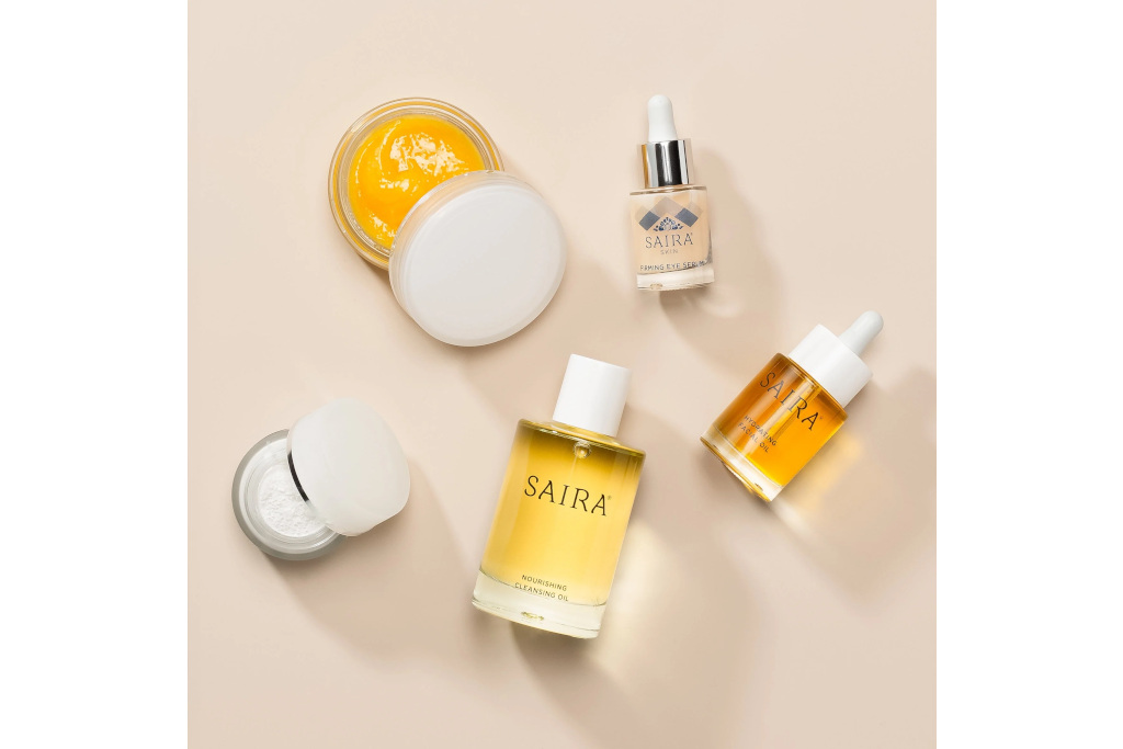 Skincare products laid out on neutral background