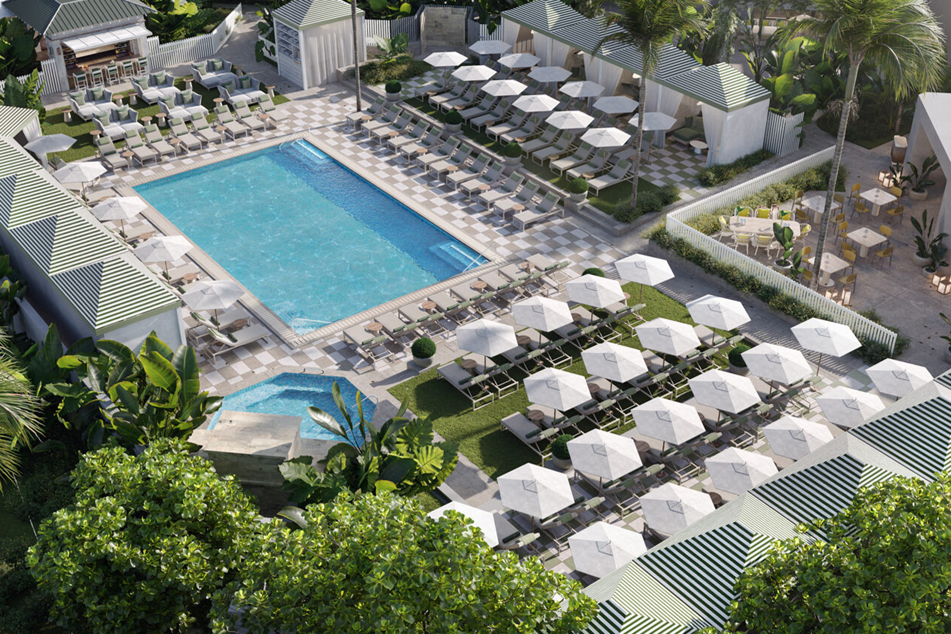 Aerial view of The Pendry hotel and swimming pool