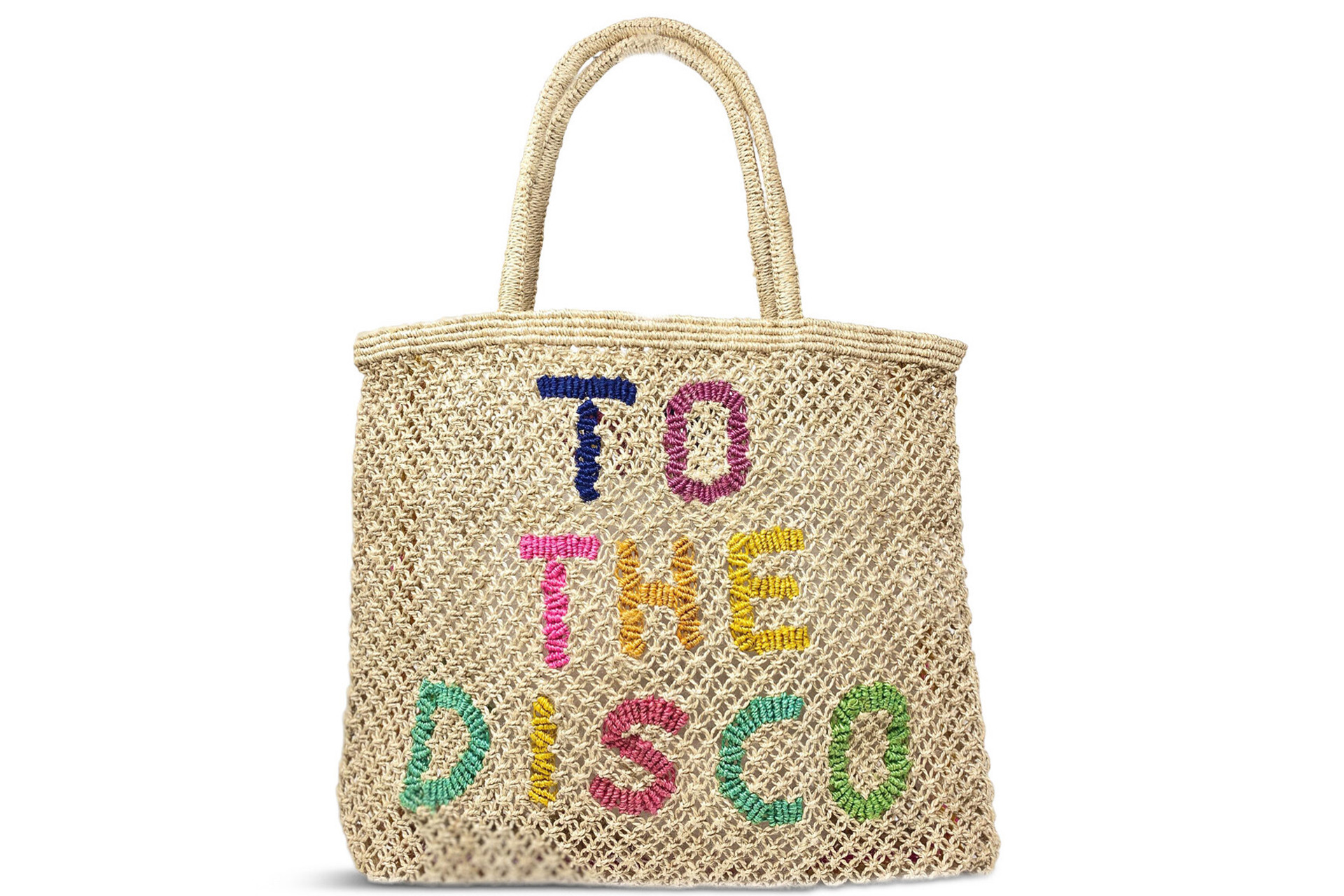 Jute tote bag with painted 'to the disco' rainbow letters