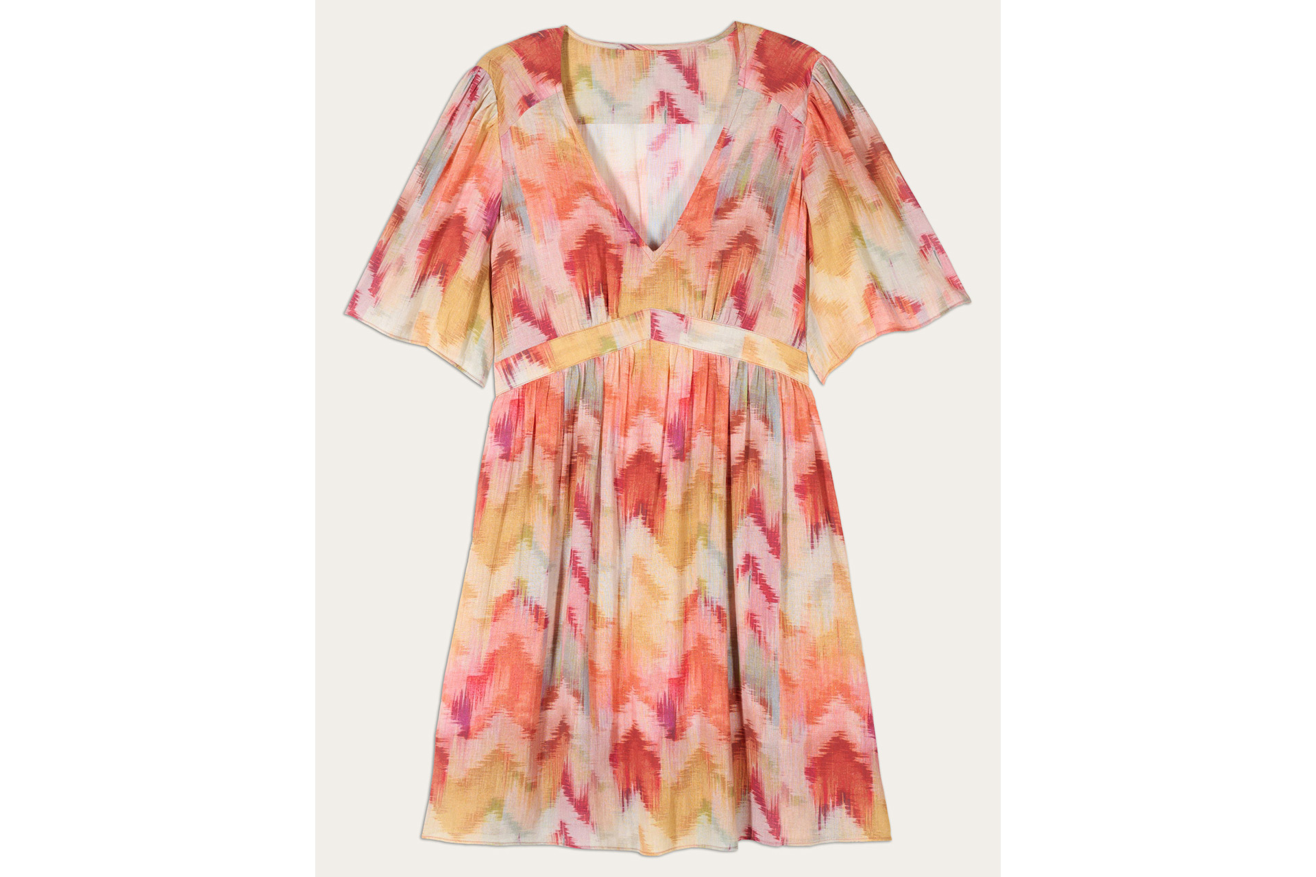 Mini dress with flutter sleeves in orange and pink pattern