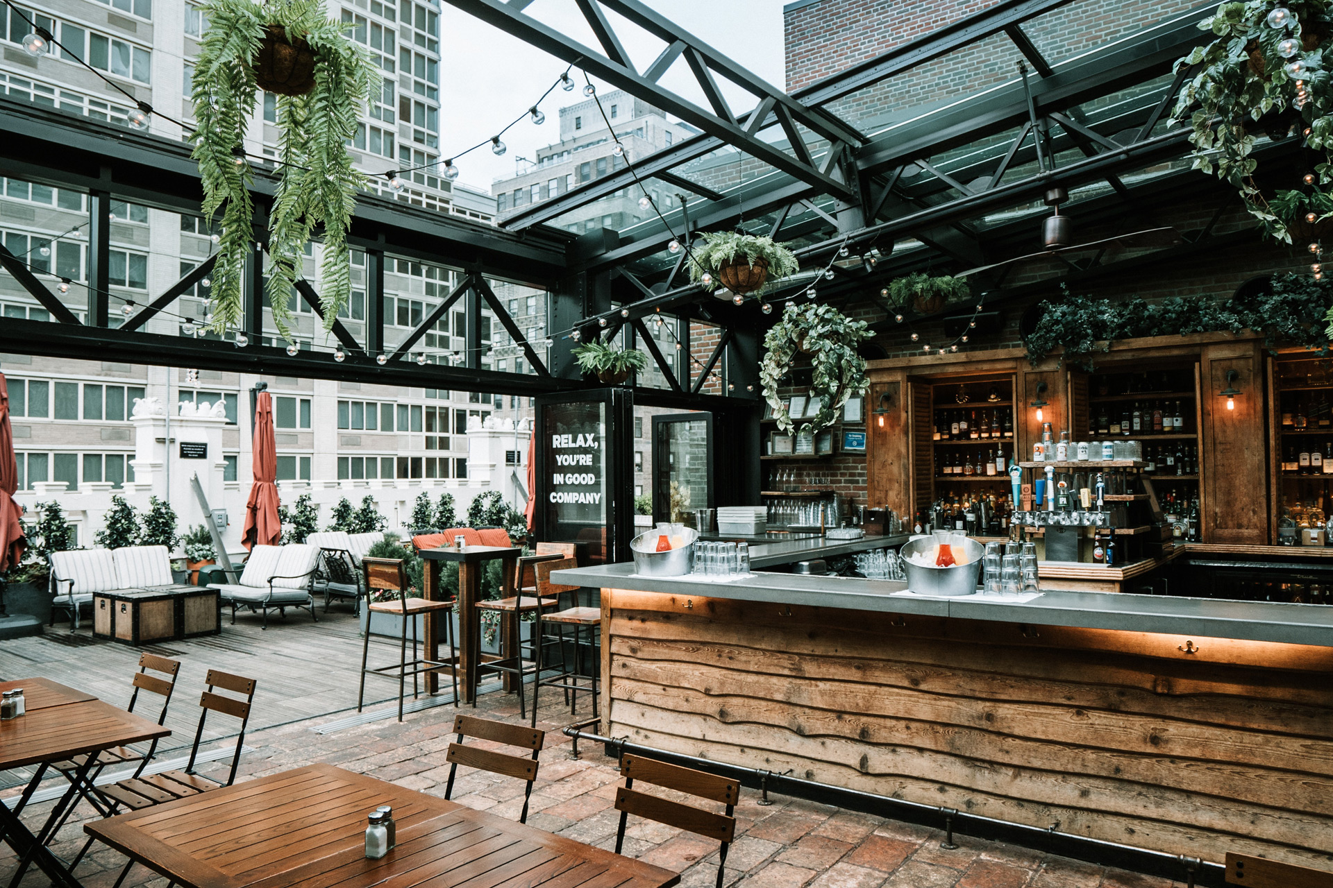 rooftop bar with hanging plants