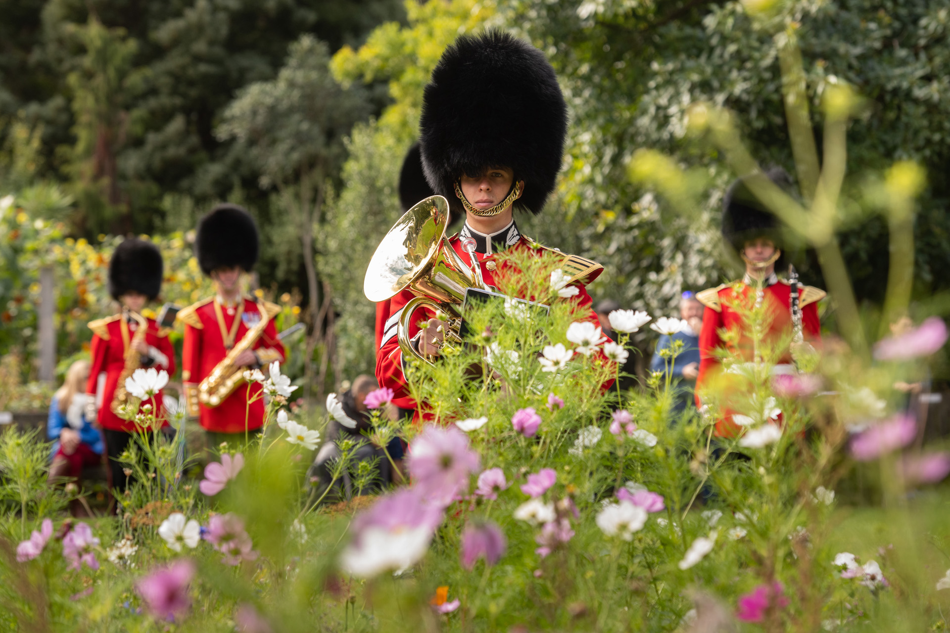 Music to make the flowers grow: Band of the Scots Guards’ perform for the Chelsea History Festival at the Chelsea Physic Garden – their first public appearance since March.