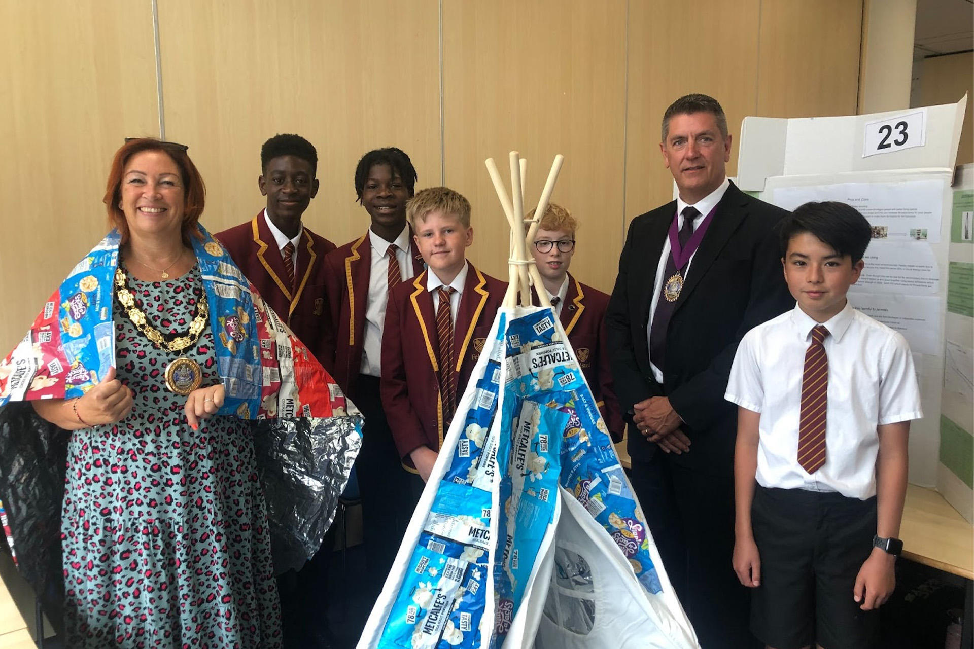 Felsted pupils with Mayor of Chelmsford, Linda Mascot and Ian Mascot: Recycled crisp packet tent and insulating blanket