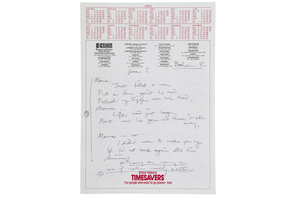 Freddie Mercury’s autograph working lyrics for Bohemian Rhapsody (c. 1974) 