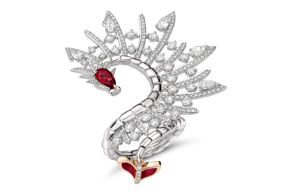 Silver and red dragon ring