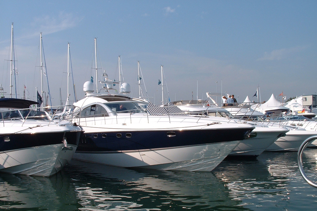 A row of boats lined up at Southampton boat show