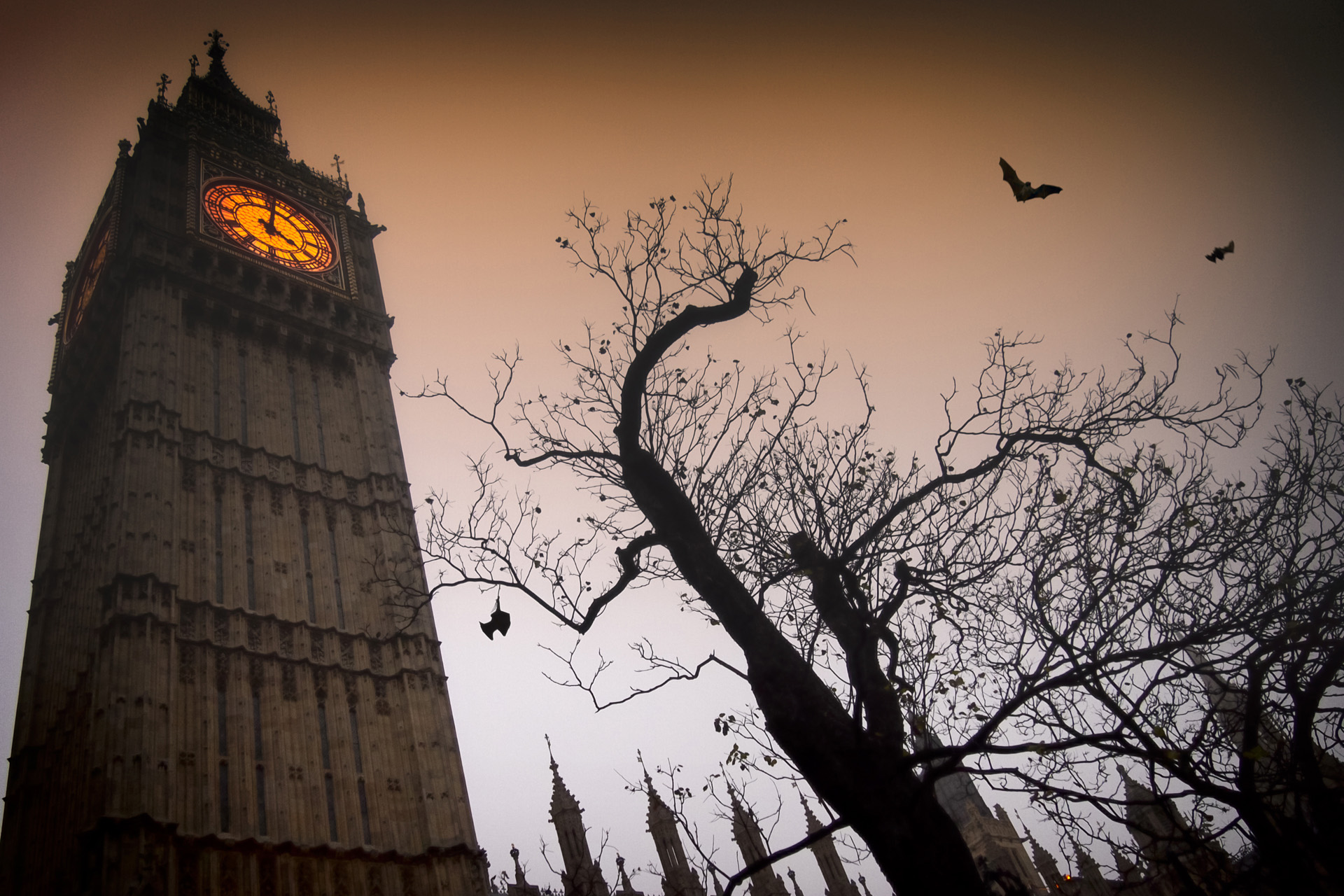 Halloween in London: The spooky clock tower of Westminster with a bare tree and flying bats
