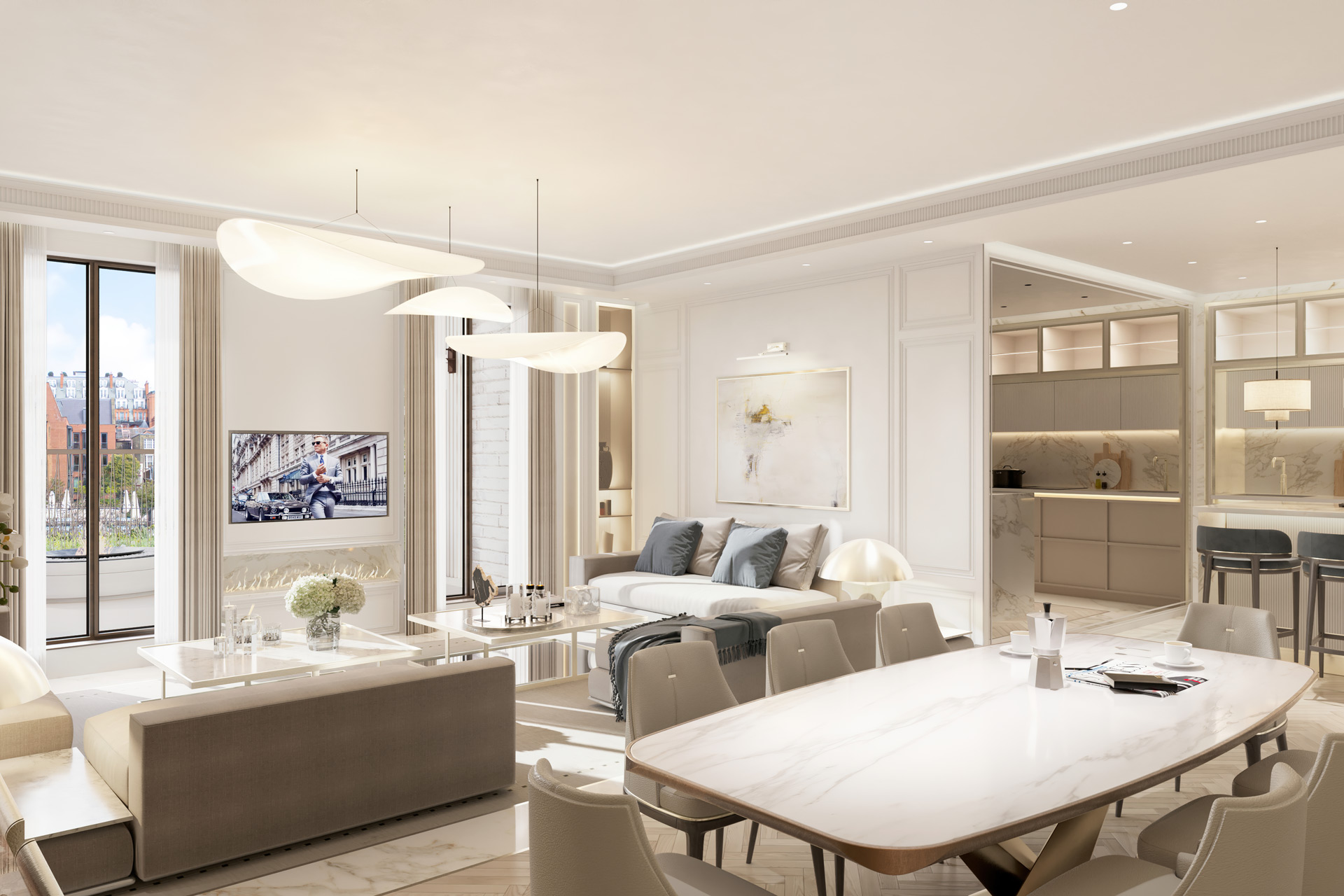 Living room with white and taupe accents, white dining table and white sofa